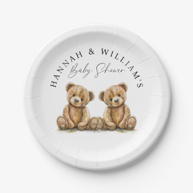 Plato De Papel Simple acuarela Teddy Bear Twins Baby Shower (Anverso)