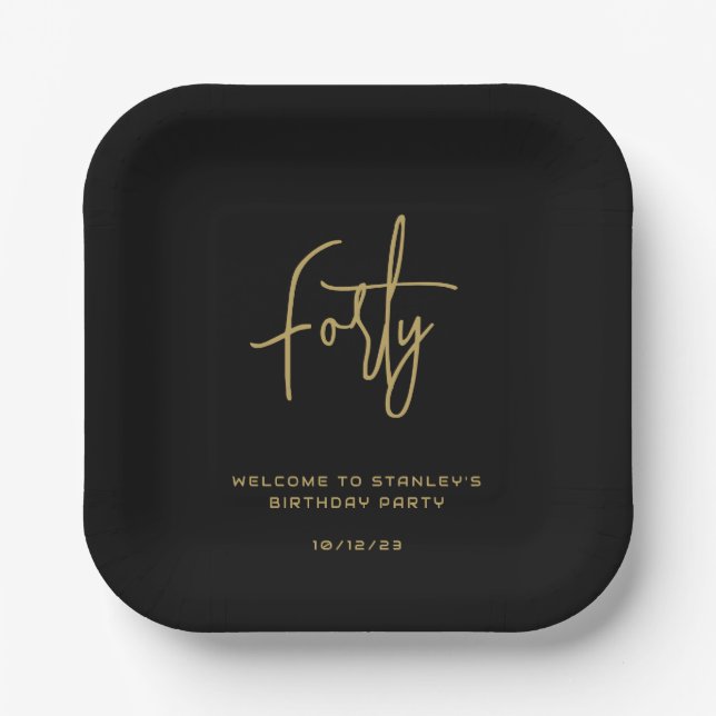 Plato De Papel Simple Black and Gold Cuarty Birday Party (Anverso)