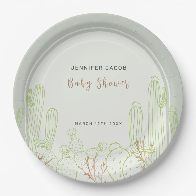 Plato De Papel Simple Boho Cactus Line Art Arch Baby Shower (Anverso)
