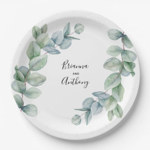 Plato De Papel Simple Boho Watercolor Eucalyptus Greenery Boda