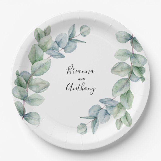 Plato De Papel Simple Boho Watercolor Eucalyptus Greenery Boda (Anverso)