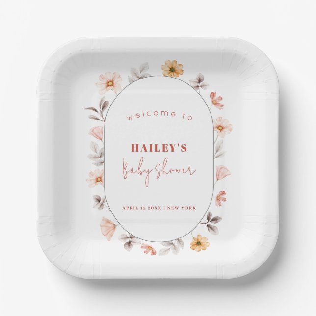 Plato De Papel Simple Boho Wildflower Frame Welcome Baby Shower (Anverso)