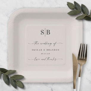 Plato De Papel Simple Color Sólido Blanco Hueso Monograma de Boda