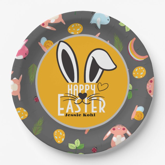 Plato De Papel simple conejito de Pascua linda familia elegante (Anverso)