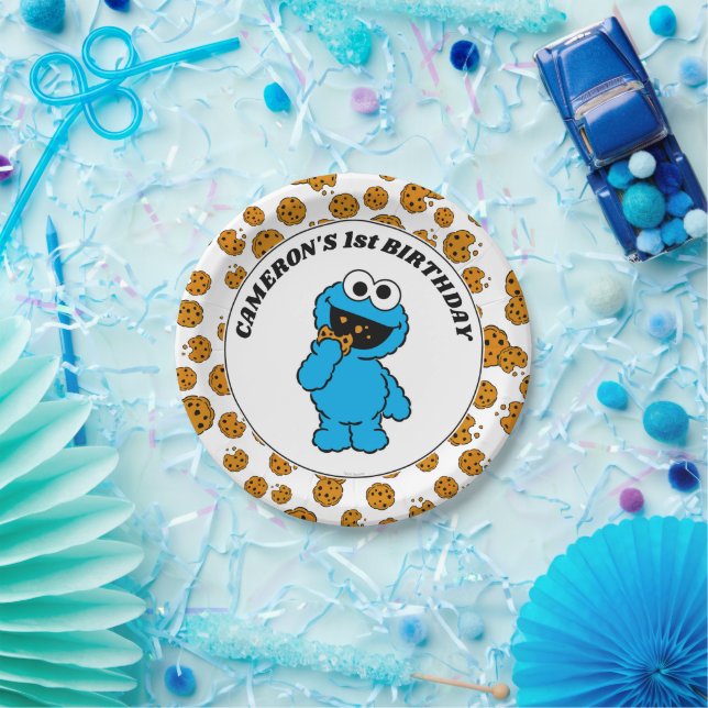 Plato De Papel Simple Cookie Monster 1st Birthday (Fiesta)