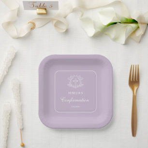 Plato De Papel Simple Cruz Floral en la confirmación de Lilac