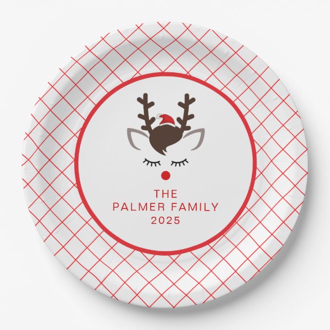 Plato De Papel Simple Elegant Reindeer Christmas Family Name (Anverso)