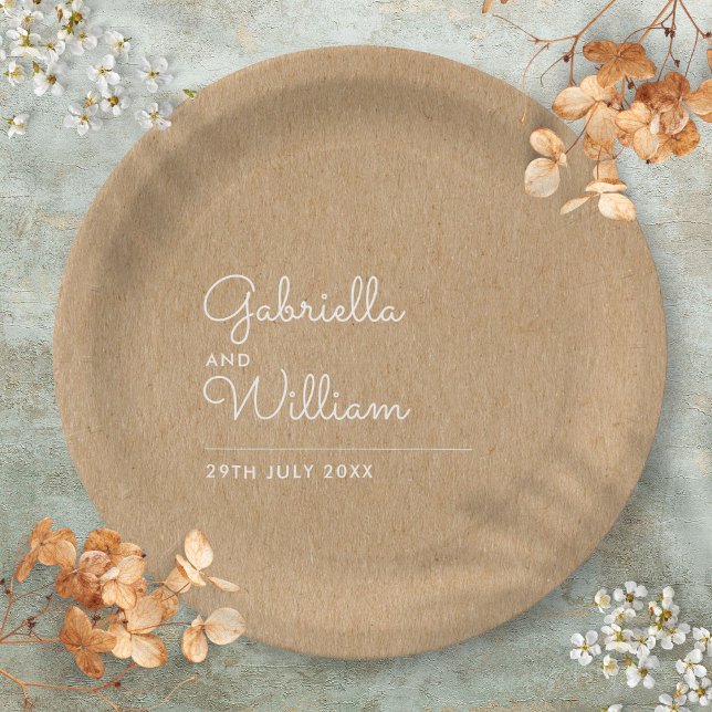 Plato De Papel Simple Elegante Guión Rústico Boda Kraft (Simple Elegant Script Rustic Kraft Wedding Paper Plates)
