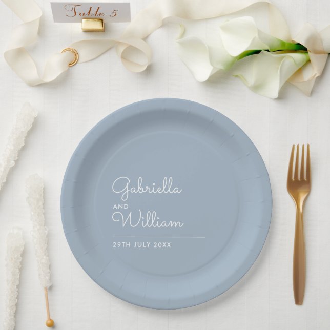 Plato De Papel Simple Elegante Moderno Script Azul Polvoriento (Boda)