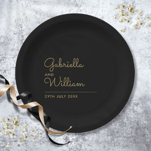 Plato De Papel Simple Elegante Negro y Dorado Script