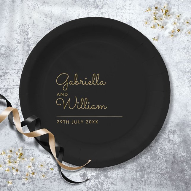 Plato De Papel Simple Elegante Negro y Dorado Script (Simple Elegant Black And Gold Script Paper Plates)