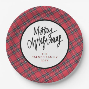 Plato De Papel Simple Elegante Plaid Rojo Navidad Nombre de la Fa