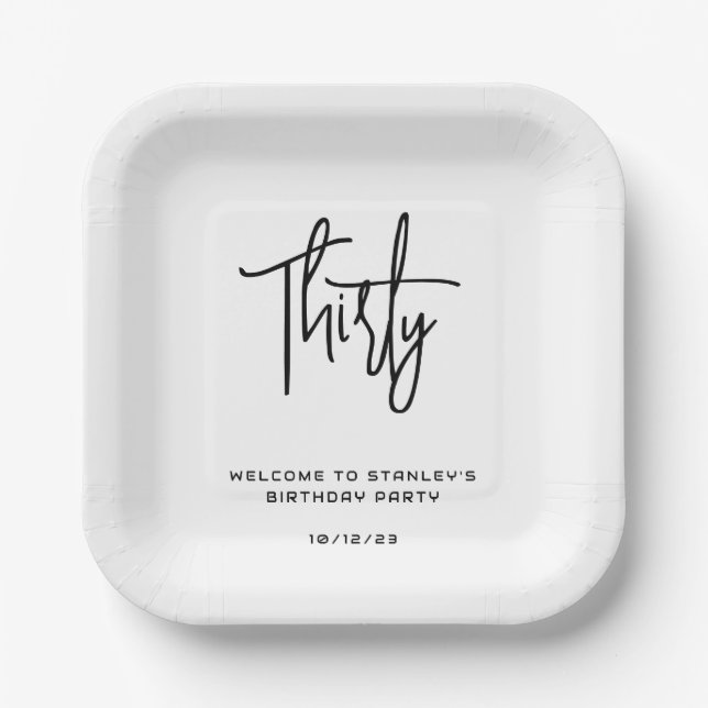 Plato De Papel Simple fiesta de cumpleaños de 30 años en blanco y (Anverso)