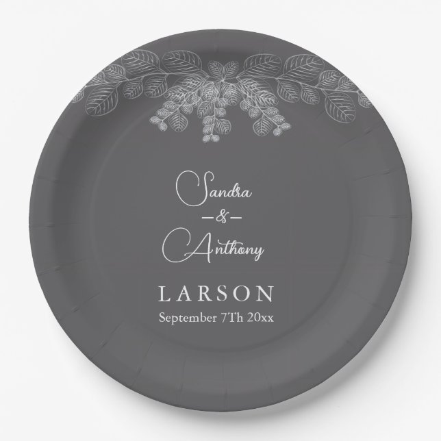 Plato De Papel Simple Gray Line Art Eucalyptus Wedding Napkins (Anverso)