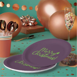 Plato De Papel Simple Green texto de Feliz Navidad en Violeta