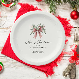 Plato De Papel Simple lazo de cinta roja acuarela acebo Navidad
