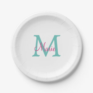 Plato De Papel simple minimal añadir nombre monograma verde rosa