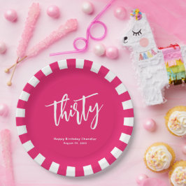 Plato De Papel Simple negrita Hot Pink y White 30 Birthday Fiesta