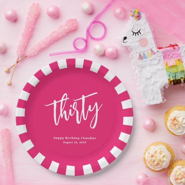 Plato De Papel Simple negrita Hot Pink y White 30 Birthday Fiesta (Fiesta)