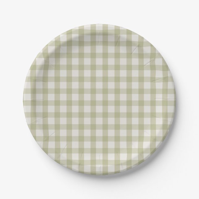 Plato De Papel Simple Sage Green Gingham (Anverso)
