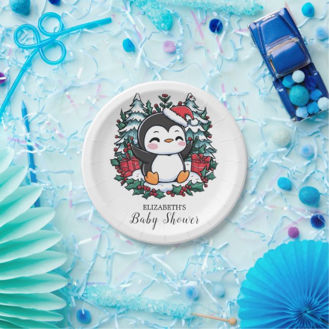 Plato De Papel Simple Snowflake Penguin Baby Shower (Fiesta)