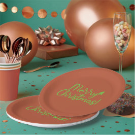 Plato De Papel Simple texto verde de Feliz Navidad sobre marrón r
