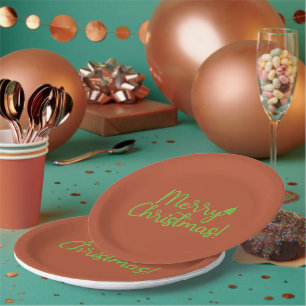 Plato De Papel Simple texto verde de Feliz Navidad sobre marrón r