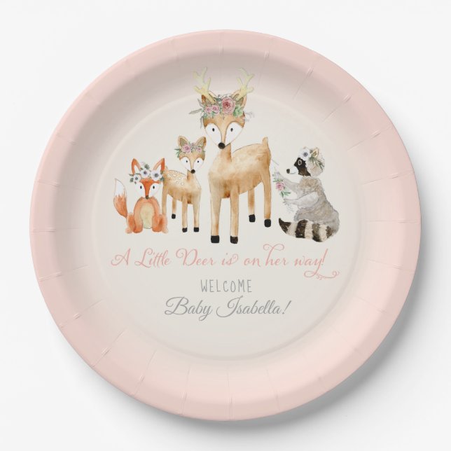 Plato De Papel Simple venado Antler Woodland Animales Baby Girl (Anverso)