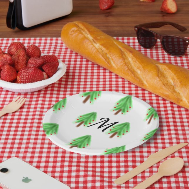 Plato De Papel Simple watercolor Christmas pattern add monogram  (Picnic)
