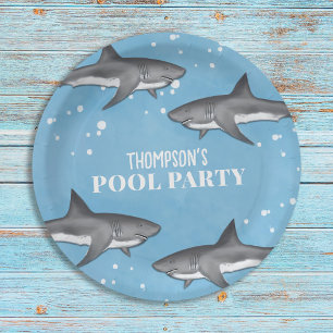 Plato De Papel Simple Whimsical Pool Party Sharks Blue Ocean