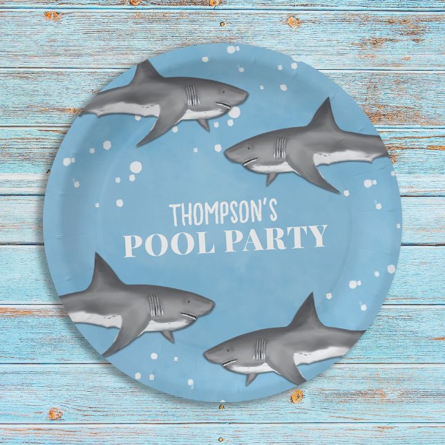 Plato De Papel Simple Whimsical Pool Party Sharks Blue Ocean (Subido por el creador)