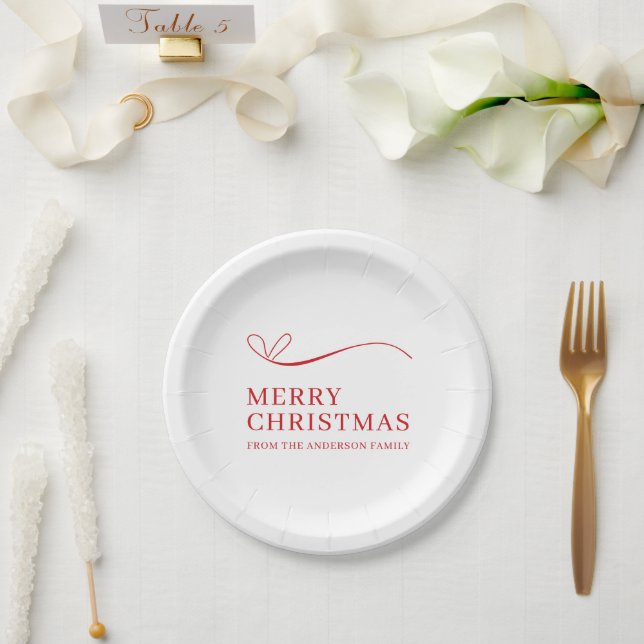 Plato De Papel Simple white red modern Merry Christmas (Boda)