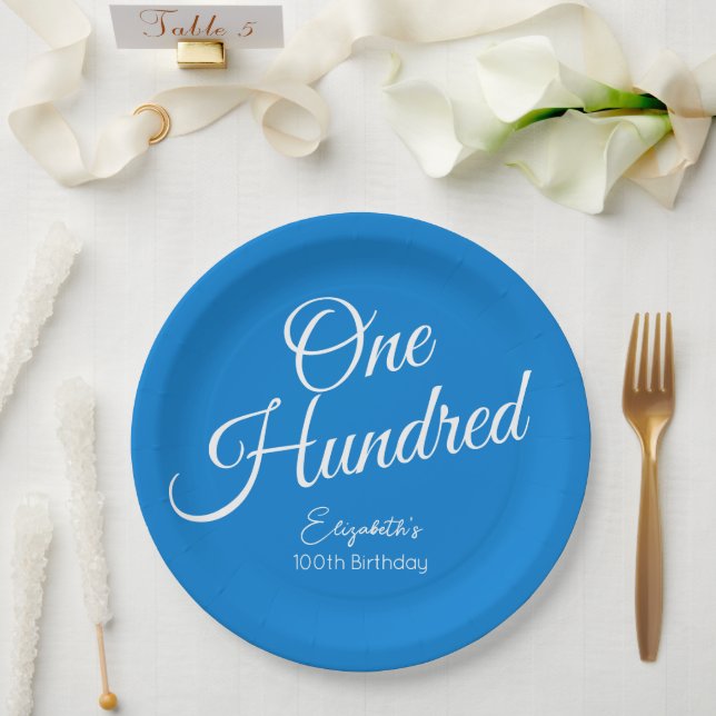 Plato De Papel Simplemente moderno guión azul 100 cumpleaños (Boda)