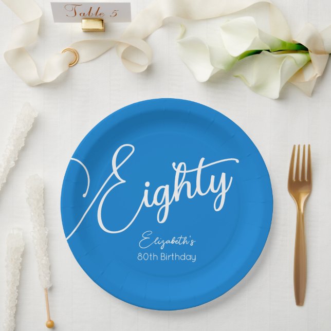 Plato De Papel Simplemente moderno guión azul 80 cumpleaños fiest (Boda)