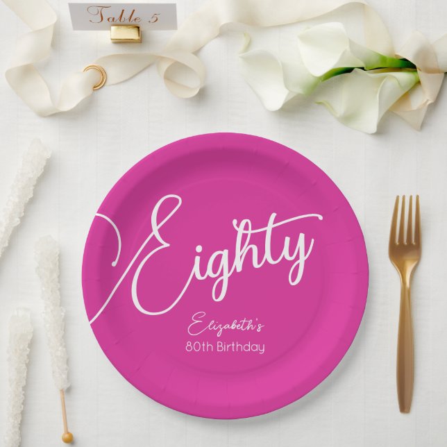 Plato De Papel Simplemente moderno guión rosado 80 cumpleaños fie (Boda)