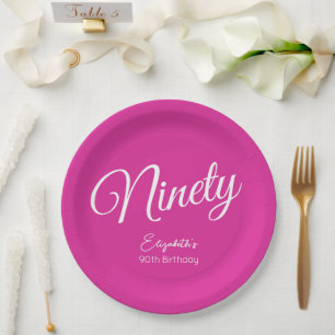 Plato De Papel Simplemente moderno guión rosado 90 cumpleaños fie