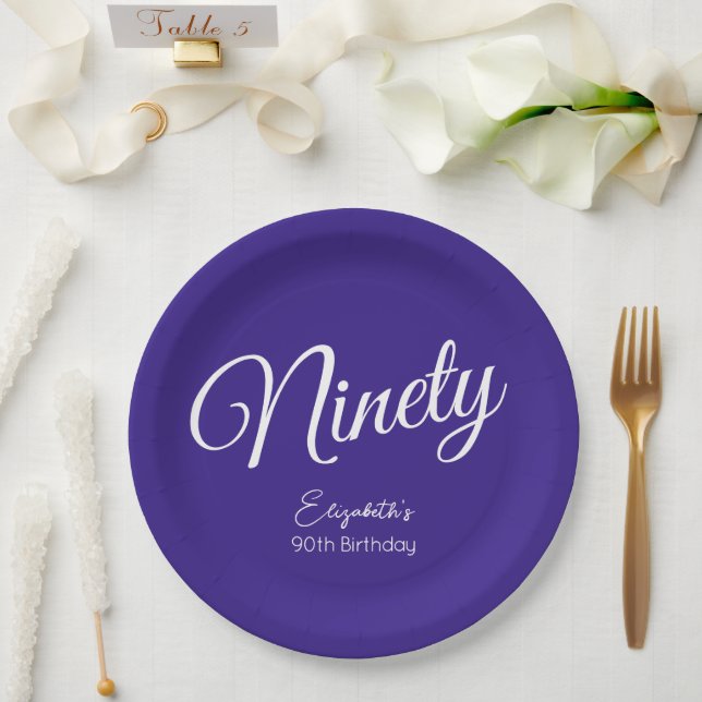 Plato De Papel Simply Modern Script Purple 90 cumpleaños (Boda)