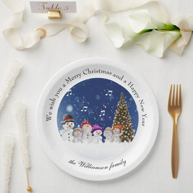 Plato De Papel Singing Snowmen Merry Christmas - Personalize (Boda)