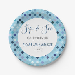 Plato De Papel Sip & See Baby Boy Shower Blue Polka Dots