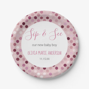 Plato De Papel Sip & See Baby Girl Shower Pink Polka Dots