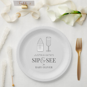 Plato De Papel Sip & See Champagne Botella Gray Baby Shower