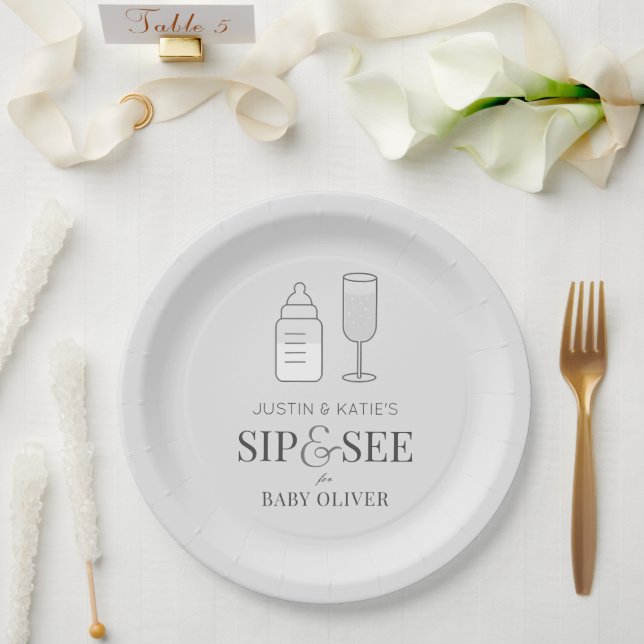 Plato De Papel Sip & See Champagne Botella Gray Baby Shower (Boda)