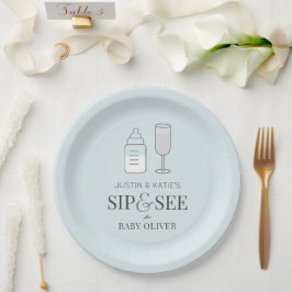 Plato De Papel Sip & See Champán Botella Baby Shower Azul