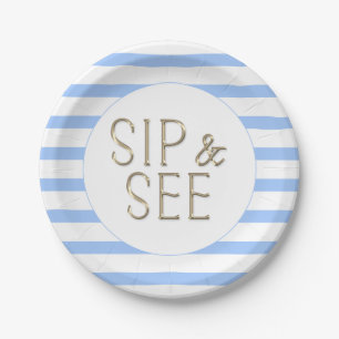 Plato De Papel Sip y See Baby Shower con tiras blancas azules