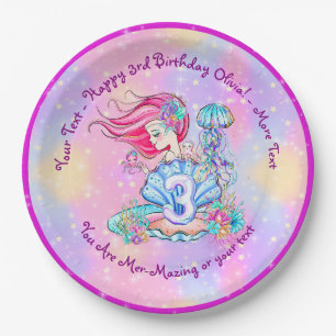 Plato De Papel Sirena 3er cumpleaños Cambio Editar Texto Personal