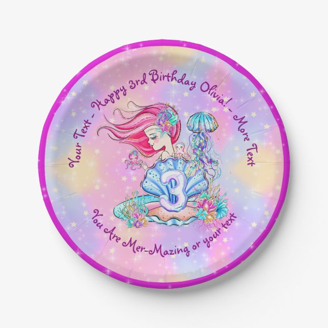 Plato De Papel Sirena 3er cumpleaños Cambio Editar Texto Personal (Anverso)