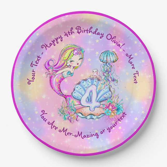 Plato De Papel Sirena 4º Cumpleaños Cambio Editar Texto Personali (Anverso)
