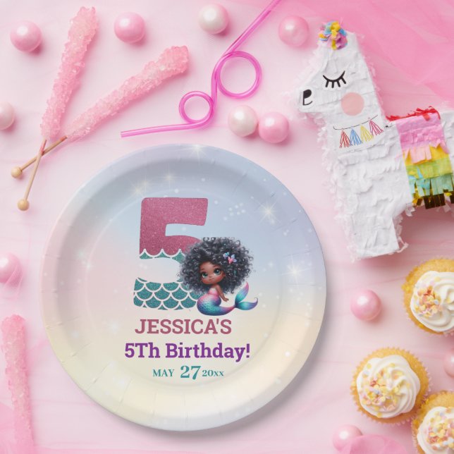 Plato De Papel Sirena afroamericana 5° cumpleaños (Fiesta)