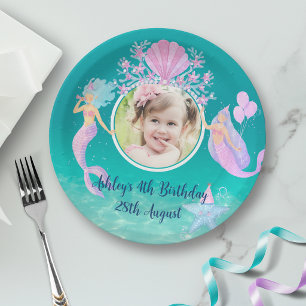 Plato De Papel Sirena bajo el mar acuarela océano fiesta infantil