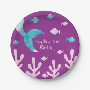 Plato De Papel Sirena Bajo el Mar Pastel Morado Niñas